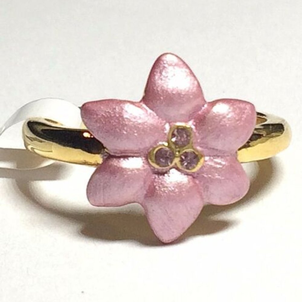 Gold Plated Plumeria Flower Ring Size 6 8 Crystal Pink Enamel Island Tropical